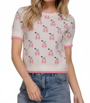 NEW ACTIVE BASIC short sleeve contrasting edge sweater in off white/pink